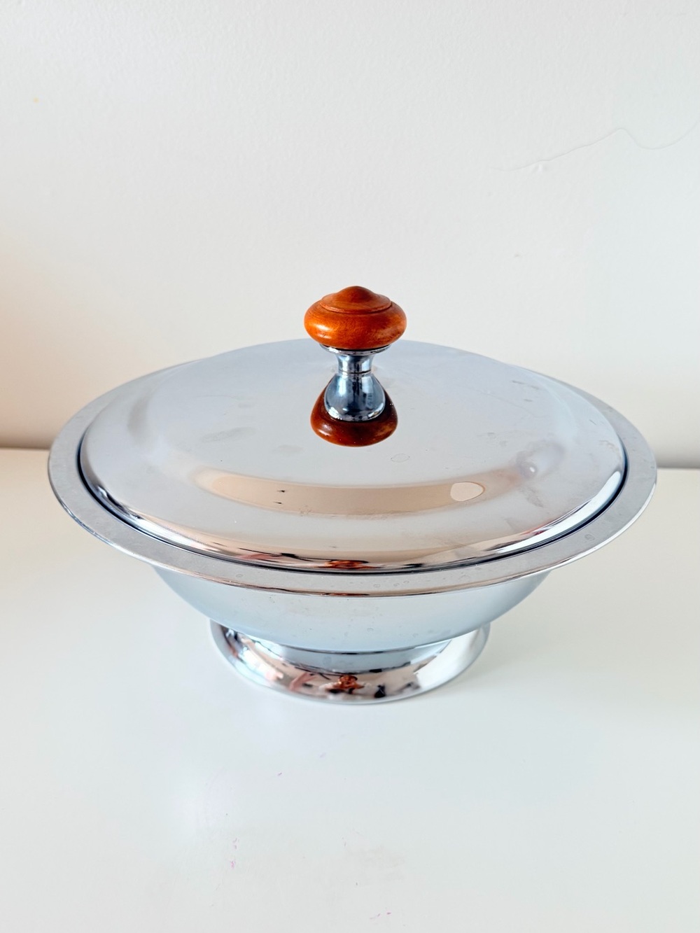 Vintage Lidded Serving Dish with Wood Knob - Silver made in USA KROMEX